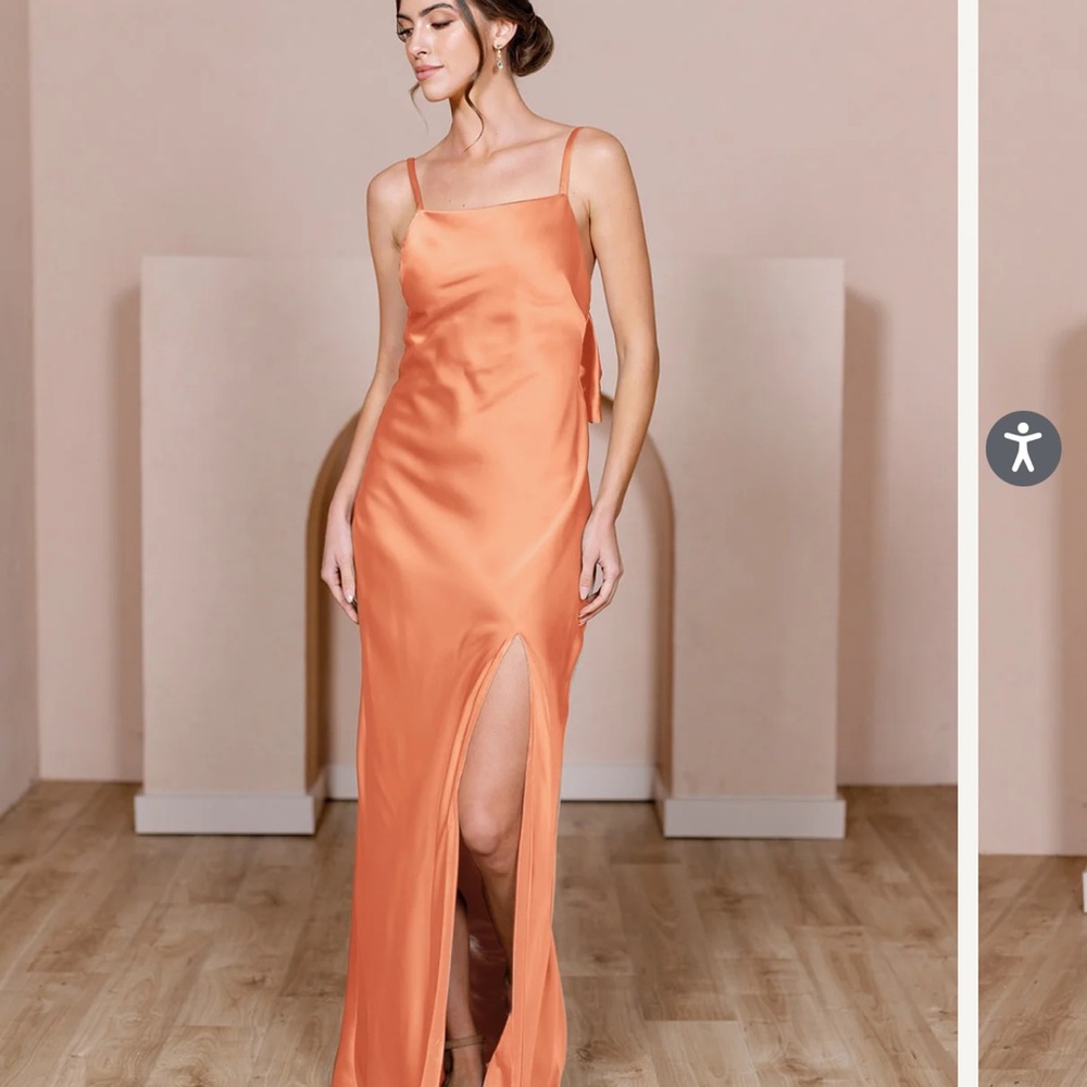 Elegant Orange Satin Gown with Slit - Steph Satin Dress